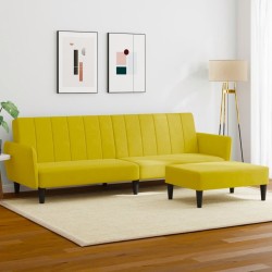 Canapé-lit à 2 places avec repose-pied jaune velours 