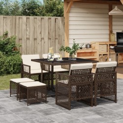 Ensemble à manger de jardin et coussins 9 pcs marron poly rotin 