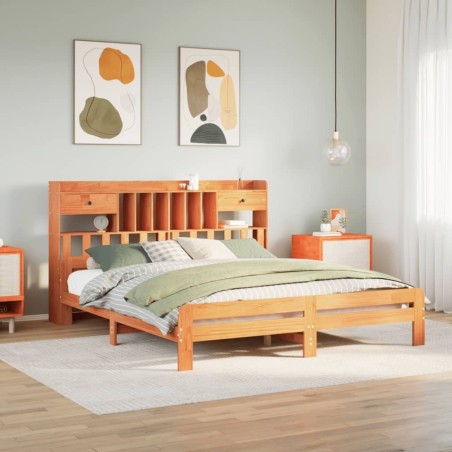 Lit bibliothèque sans matelas cire marron 200x200 cm pin massif 