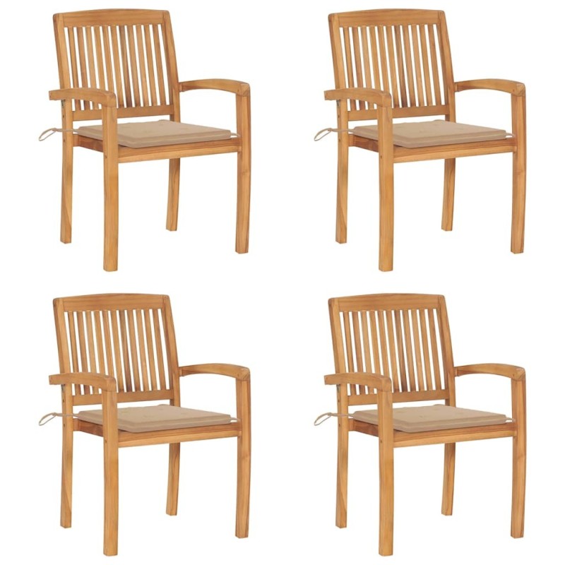 Chaises de jardin empilables avec coussins lot de 4 Teck solide 