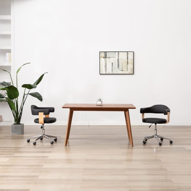 Chaise pivotante de bureau Noir Bois courbé et similicuir 