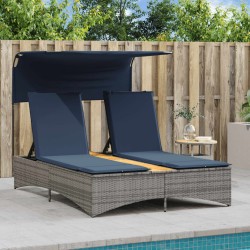 Chaise longue double avec auvent et coussins en polyrotin gris 