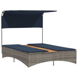 Chaise longue double avec auvent et coussins en polyrotin gris 