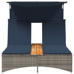 Chaise longue double avec auvent et coussins en polyrotin gris 
