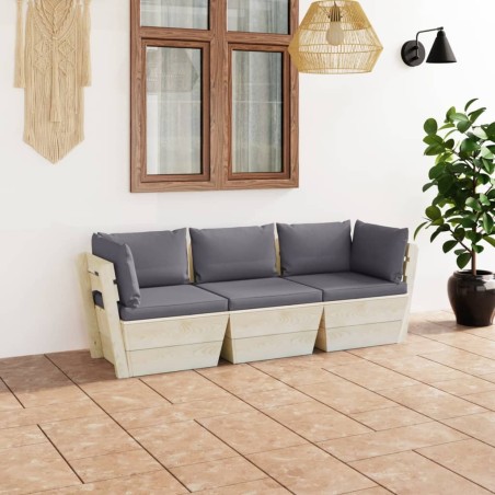 Canapé palette à 3 places de jardin avec coussins Bois d'épicéa 