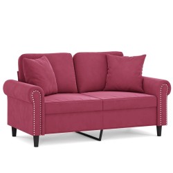 Canapé 2 places avec oreillers bordeaux 120 cm velours 