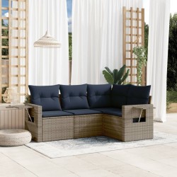 Salon de jardin 4 pcs avec coussins gris résine tressée 
