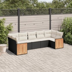 Salon de jardin 7 pcs avec coussins noir résine tressée 