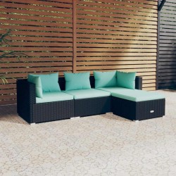 Salon de jardin 4 pcs avec coussins Résine tressée Noir 