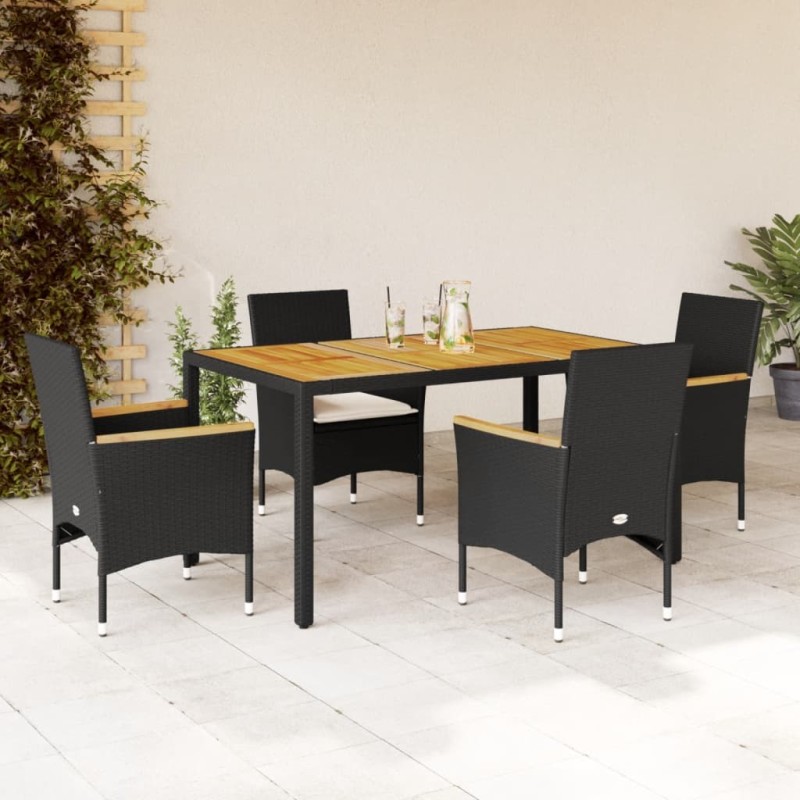 Ensemble à manger de jardin et coussins 5 pcs noir rotin acacia 