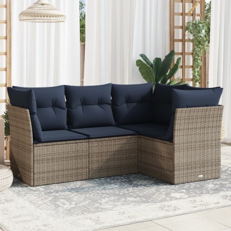 Salon de jardin 4 pcs avec coussins gris résine tressée 