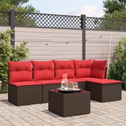 Salon de jardin 6 pcs avec coussins marron résine tressée 