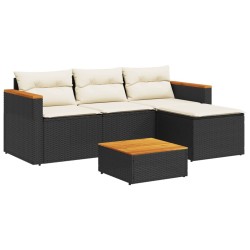 Salon de jardin 5 pcs avec coussins noir résine tressée acacia 