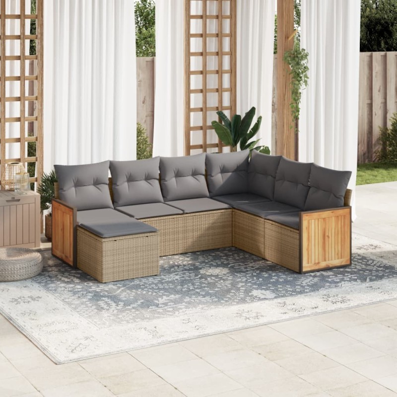 Salon de jardin avec coussins 7 pcs beige résine tressée 