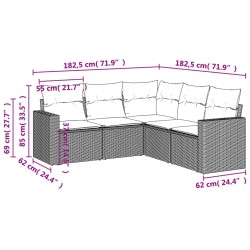 Salon de jardin 5 pcs avec coussins gris résine tressée 