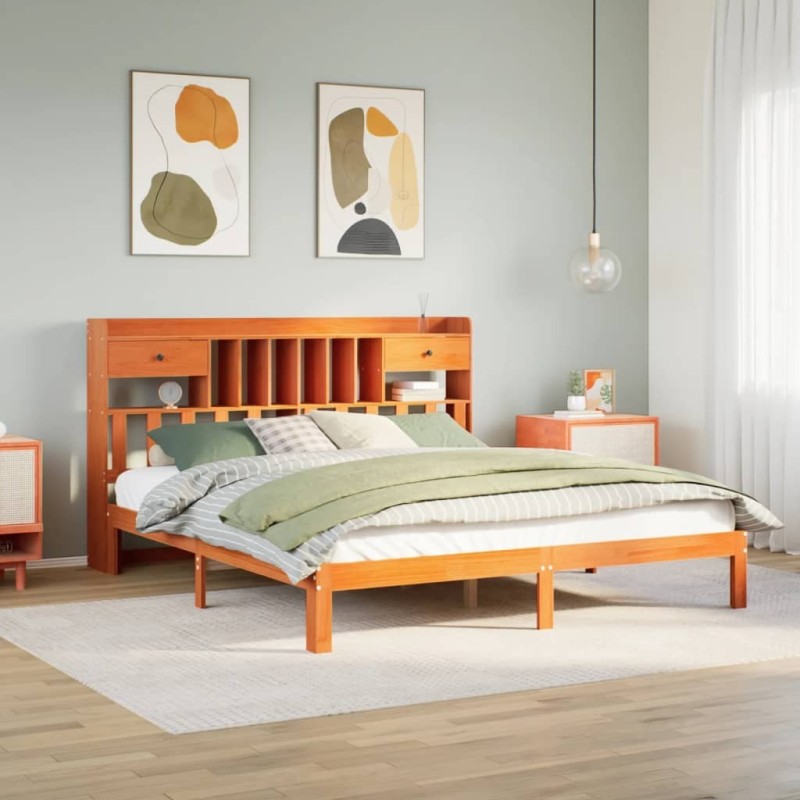Lit bibliothèque sans matelas cire marron 180x200 cm pin massif 