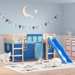 Lit mezzanine enfants avec rideaux sans matelas bleu 80x200cm 