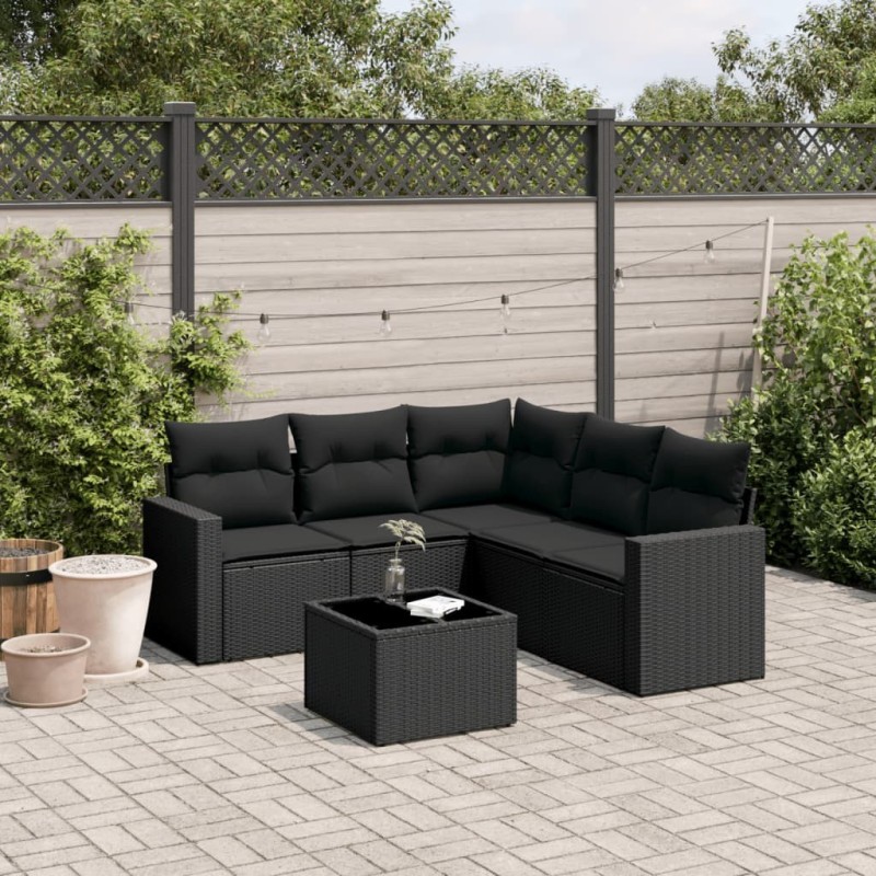 Salon de jardin 6 pcs avec coussins noir résine tressée 