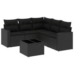 Salon de jardin 6 pcs avec coussins noir résine tressée 