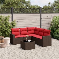 Salon de jardin 6 pcs avec coussins marron résine tressée 