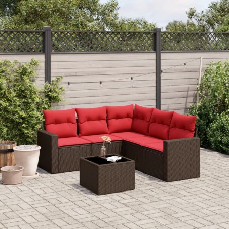 Salon de jardin 6 pcs avec coussins marron résine tressée 