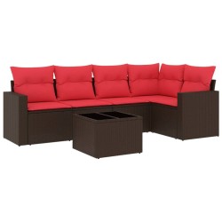 Salon de jardin 6 pcs avec coussins marron résine tressée 