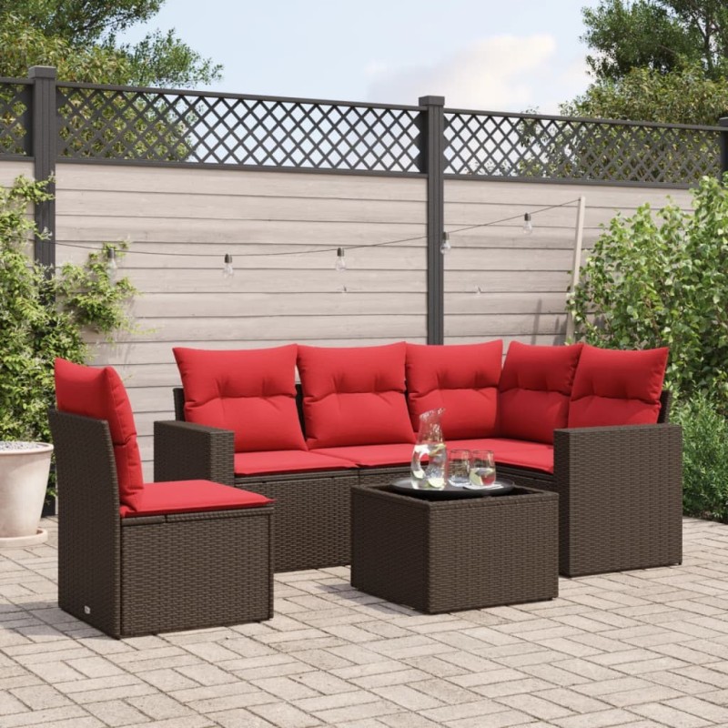 Salon de jardin 6 pcs avec coussins marron résine tressée 