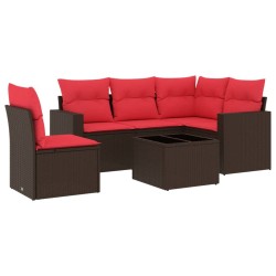 Salon de jardin 6 pcs avec coussins marron résine tressée 