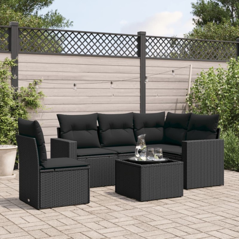 Salon de jardin 6 pcs avec coussins noir résine tressée 