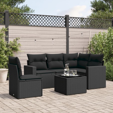 Salon de jardin 6 pcs avec coussins noir résine tressée 