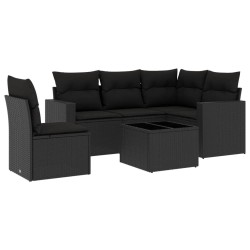 Salon de jardin 6 pcs avec coussins noir résine tressée 