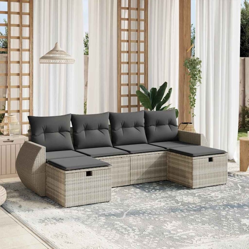 Salon de jardin 6 pcs avec coussins gris clair résine tressée 