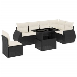 Salon de jardin 7 pcs avec coussins noir résine tressée 