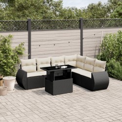 Salon de jardin 7 pcs avec coussins noir résine tressée 