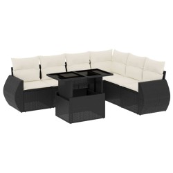 Salon de jardin 7 pcs avec coussins noir résine tressée 