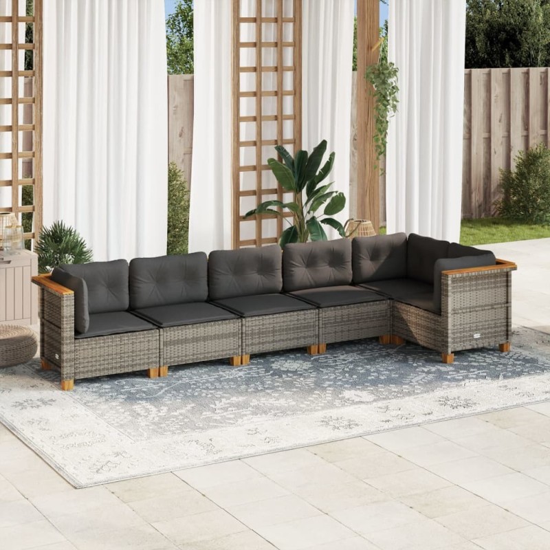 Salon de jardin 6 pcs avec coussins gris résine tressée 