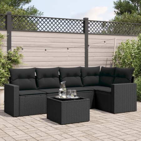 Salon de jardin 6 pcs avec coussins noir résine tressée 