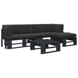 Salon de jardin palette 4pcs avec coussins Pin imprégné de noir 