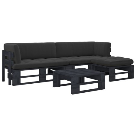 Salon de jardin palette 4pcs avec coussins Pin imprégné de noir 