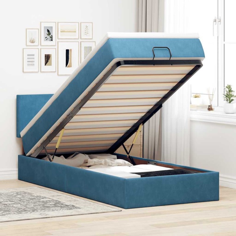 Cadre de lit ottoman avec matelas bleu foncé 90x190 cm velours 