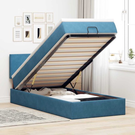 Cadre de lit ottoman avec matelas bleu foncé 90x190 cm velours 