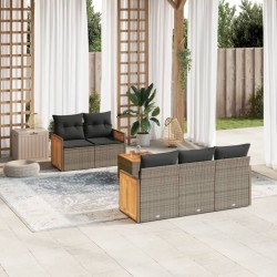 Salon de jardin 6 pcs avec coussins gris résine tressée 