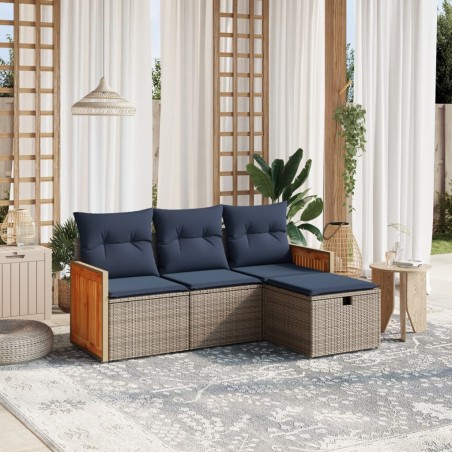 Salon de jardin 4 pcs avec coussins gris résine tressée 