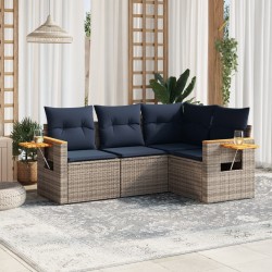 Salon de jardin 4 pcs avec coussins gris résine tressée 