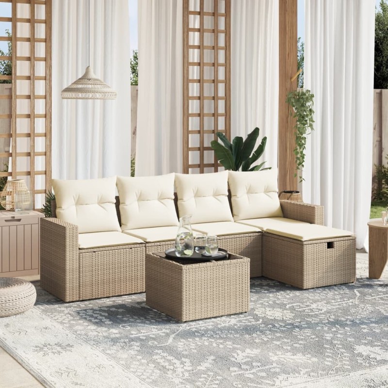Salon de jardin avec coussins 6 pcs beige résine tressée 