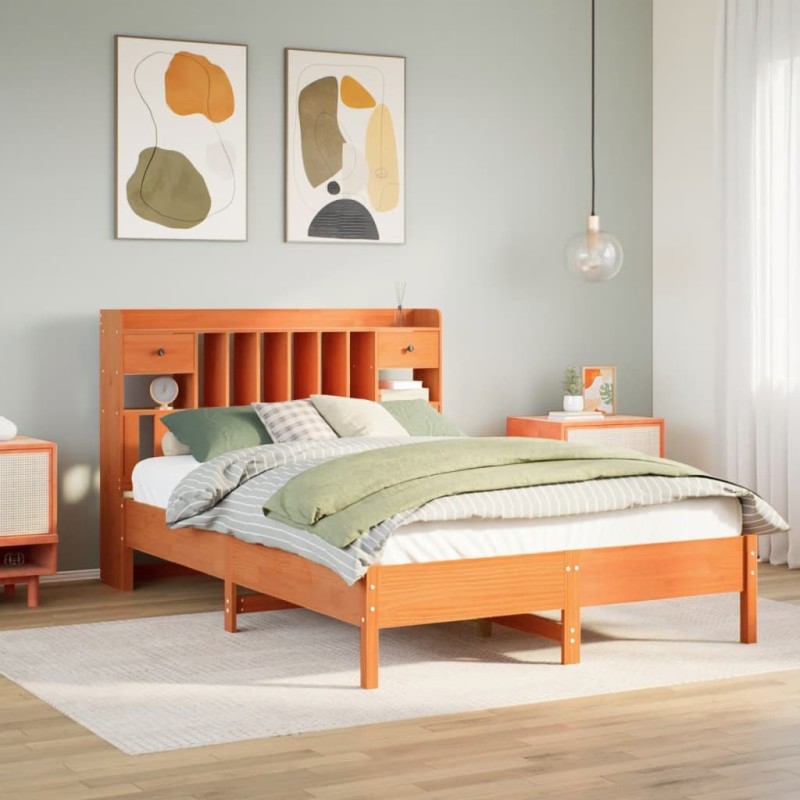 Lit bibliothèque sans matelas cire marron 150x200 cm pin massif 