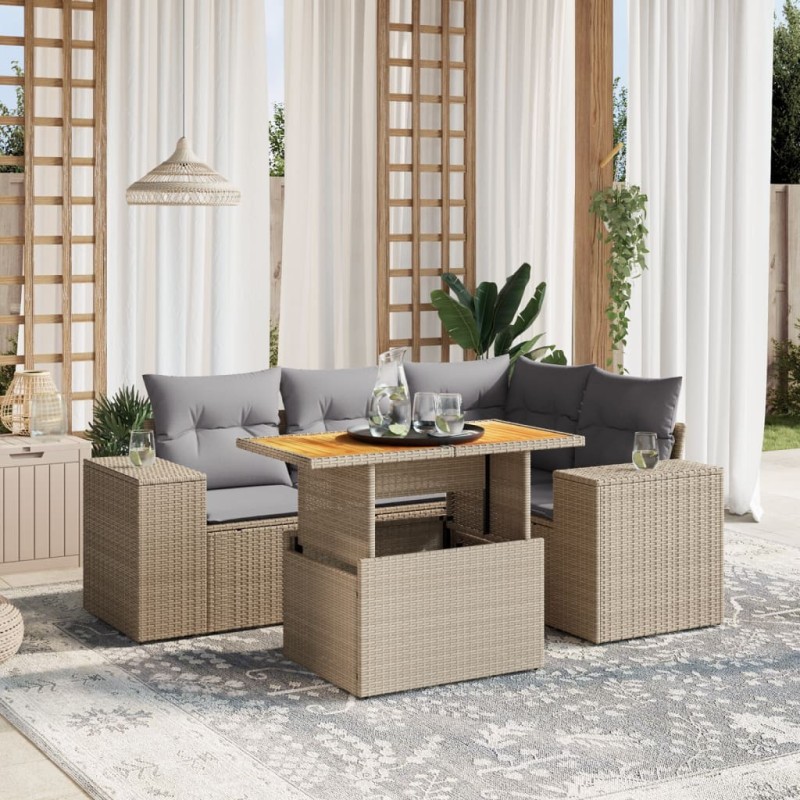 Salon de jardin avec coussins 5 pcs beige résine tressée 