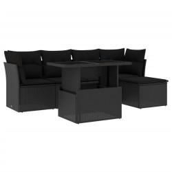 Salon de jardin 6 pcs avec coussins noir résine tressée 