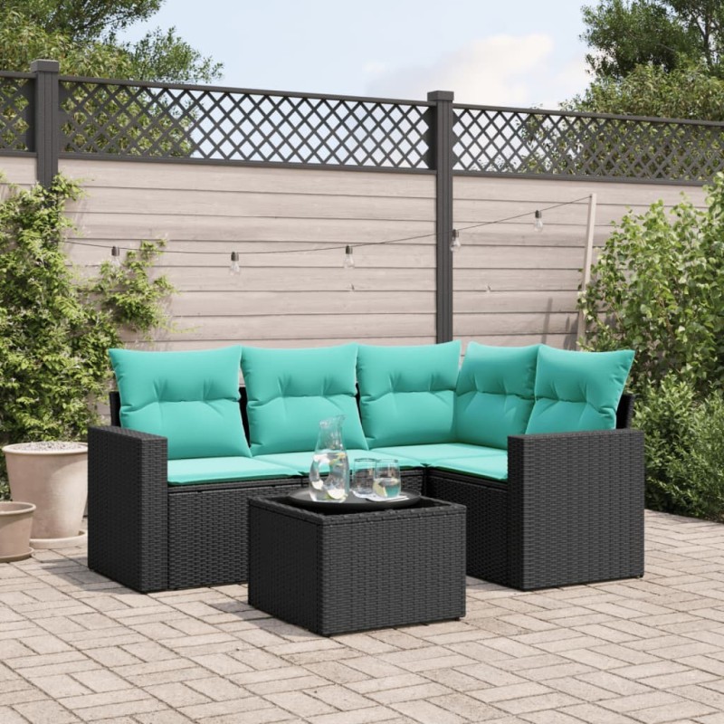 Salon de jardin 5 pcs avec coussins noir résine tressée 