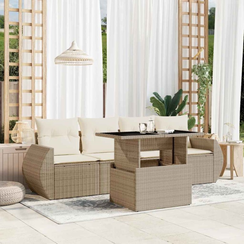 Salon de jardin avec coussins 5 pcs beige résine tressée 